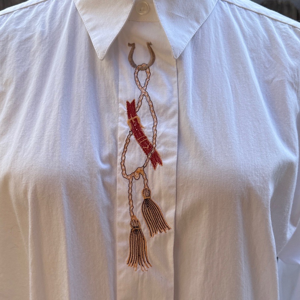 A&F Classic Cotton Button-Up Blouse with Red Tassel Embroidery